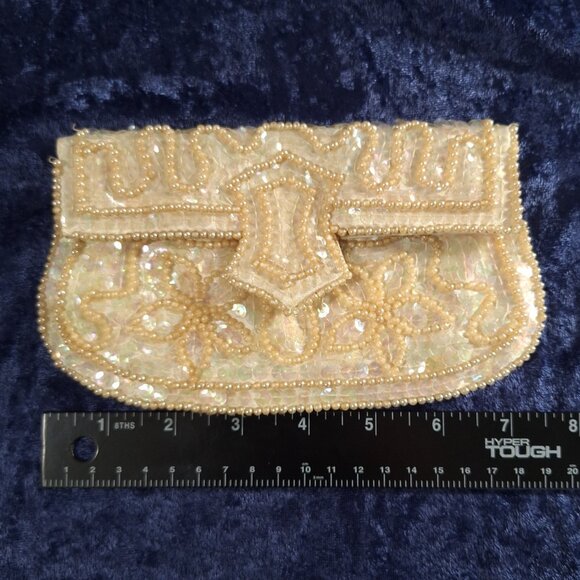 Vintage John Wind Japan Bead & Sequin Clutch Purse Ivory/Gold Mid-century Glam - Picture 10 of 13